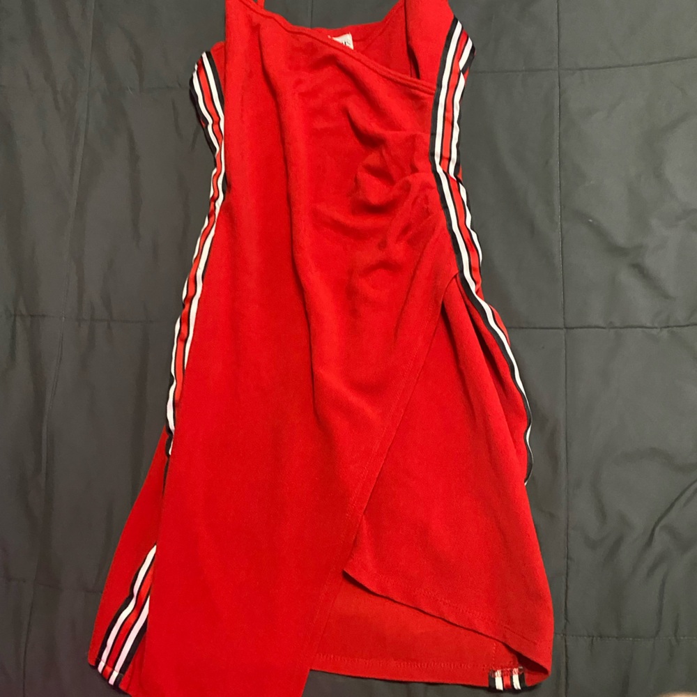 Red Wrap Skirt with Striped Trim